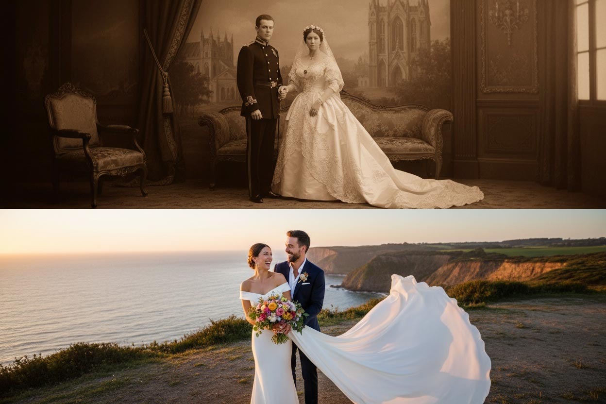 Порівняння весільної фотографії: вінтажний портрет 19 століття та сучасна пара на узбережжі