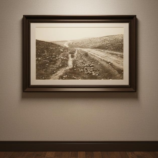 Історична фотографія "Долина тіні смерті" Роджера Фентона в музейній рамці на стіні
