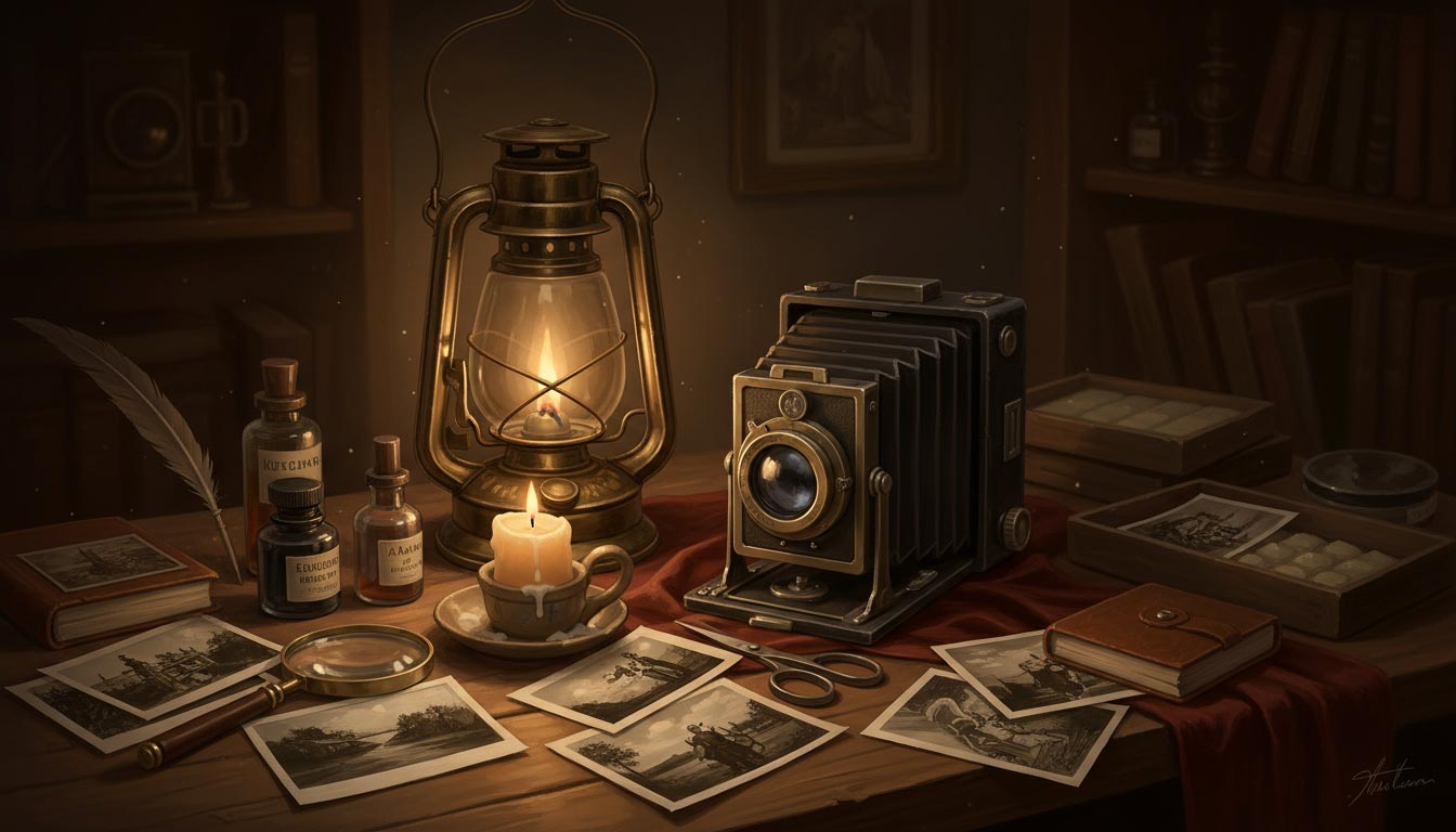 Вінтажна фотолабораторія — лампа, старовинна камера з міхом і чорно-білі фото на столі