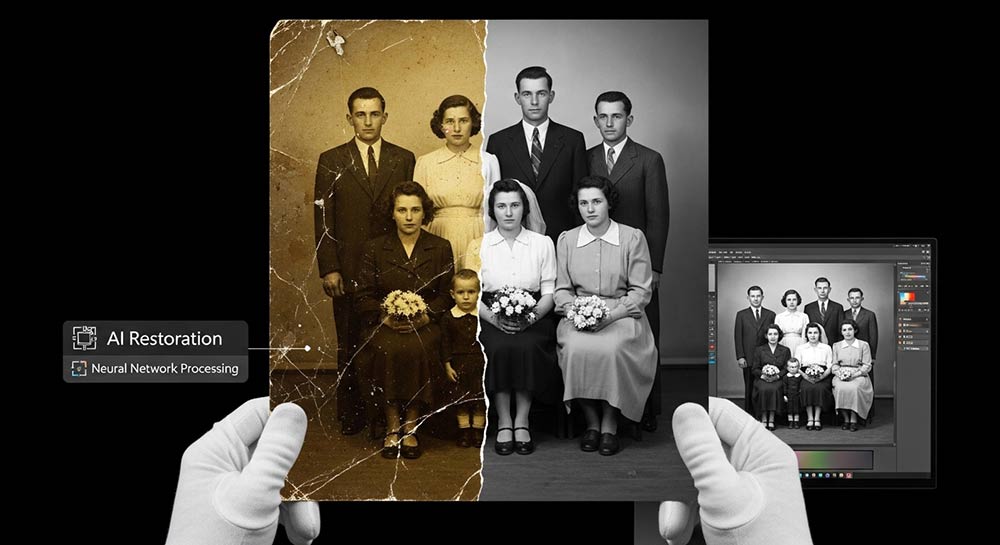 Реставрація старого сімейного фото за допомогою ШІ — до і після відновлення, Київ