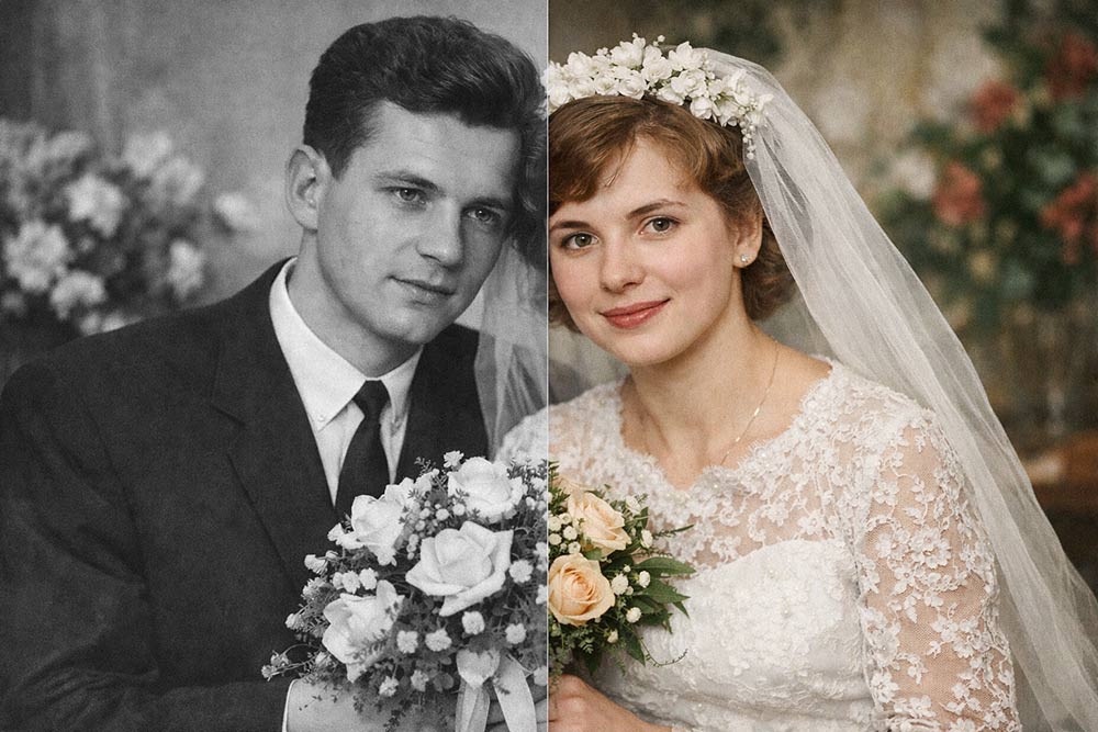 Порівняльний колаж «до та після» реставрації весільного фото: зліва зернисте чорно-біле зображення, справа — чітка кольорова версія молодять.