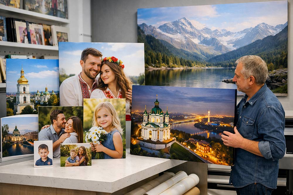 Майстер у фотостудії демонструє різні формати друку на полотні: великі пейзажі Києва, гірські краєвиди та сімейні портрети.