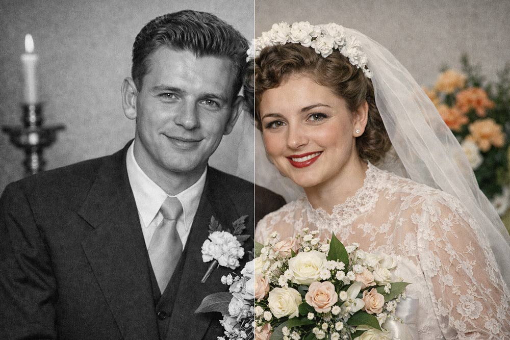 Колаж «до та після», що демонструє відновлення та розфарбовування (колоризацію) старого весільного фото молодять.