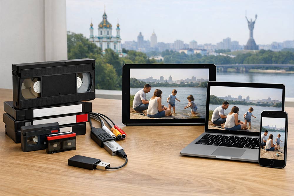 Оцифрувати VHS касету у Києві — від здачі до готового MP4 за один день 1 Процес оцифрування відеокасет VHS у Києві: старі касети, адаптер для оцифрування та результат перегляду сімейного архіву на ноутбуці, планшеті та смартфоні на фоні панорами Києва.