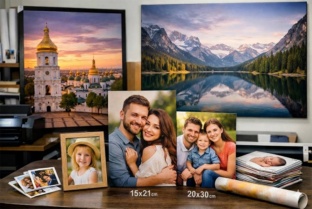 Приклади надрукованих фотографій різних форматів: великі настінні картини з пейзажами Києва та гір, сімейні портрети на полотні та фотографія дівчинки у дерев’яній рамці на столі.