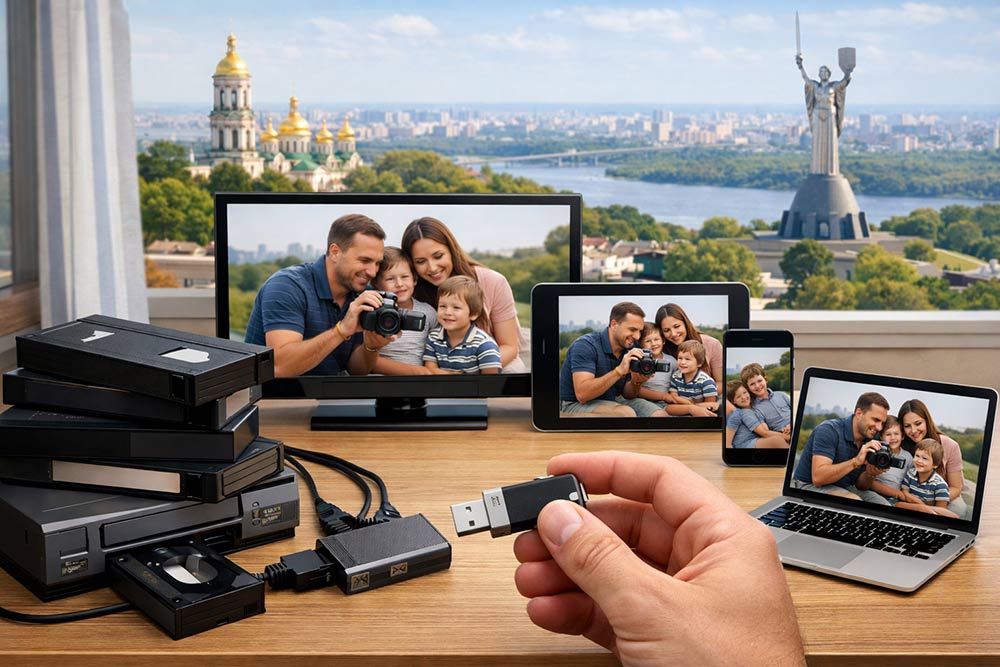 Перезапис відеокасет на флешку у Києві — дивіться домашнє відео на будь-якому пристрої 3 Процес оцифрування старих відеокасет на фоні панорами Києва з видом на Лавру та Батьківщину-Мати; рука тримає USB-флешку поруч із ноутбуком,