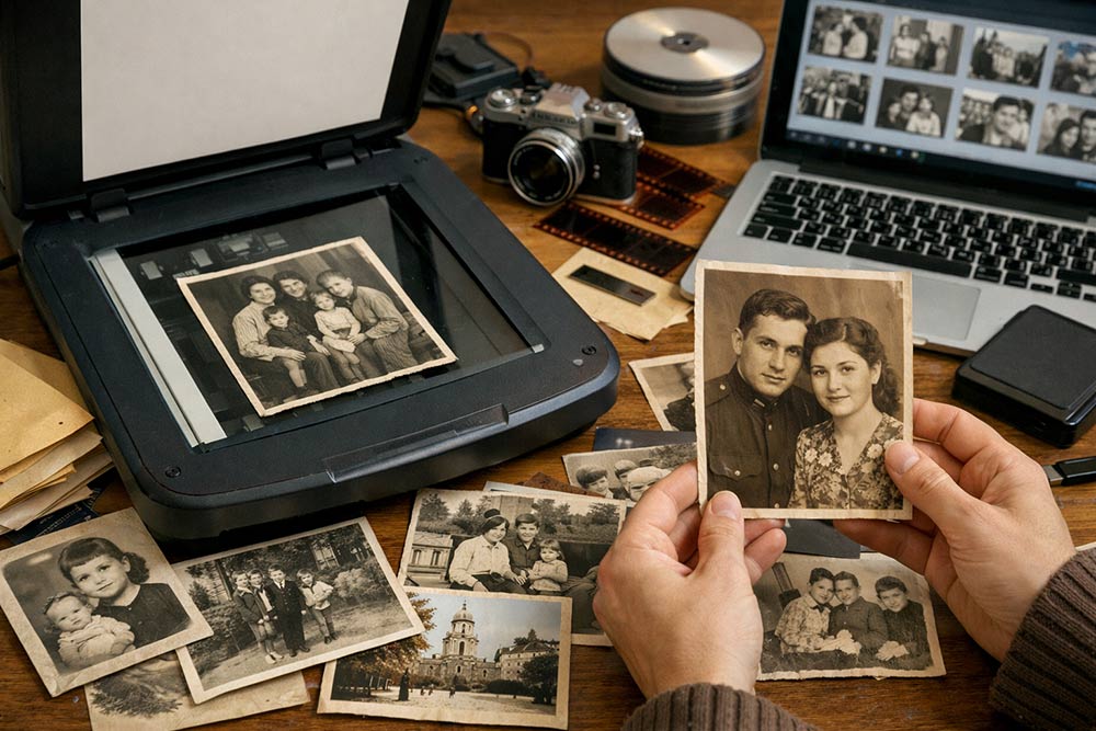 Процес професійного сканування старих паперових фотографій на планшетному сканері; на столі розкладено багато архівних знімків, поруч ноутбук із цифровими копіями та ретро-камера.