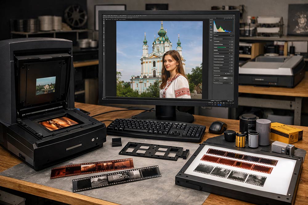 Процес професійного оцифрування фотоплівки; на екрані монітора відображено відреставроване фото дівчини у вишиванці на фоні Андріївської церкви, на столі — сканер, негативи та обладнання.