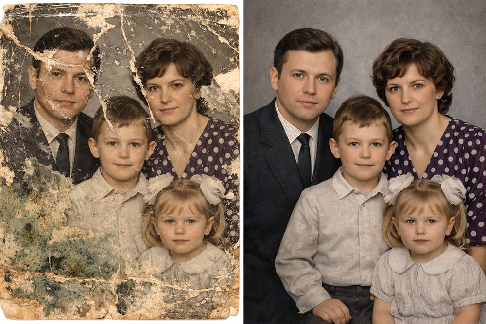 Колаж «до та після», що демонструє професійну цифрову реставрацію старого сімейного портрета: зліва зображено оригінальний знімок із численними тріщинами, заломами та плямами, справа — повністю відновлене зображення з чистою текстурою та збалансованими кольорами.