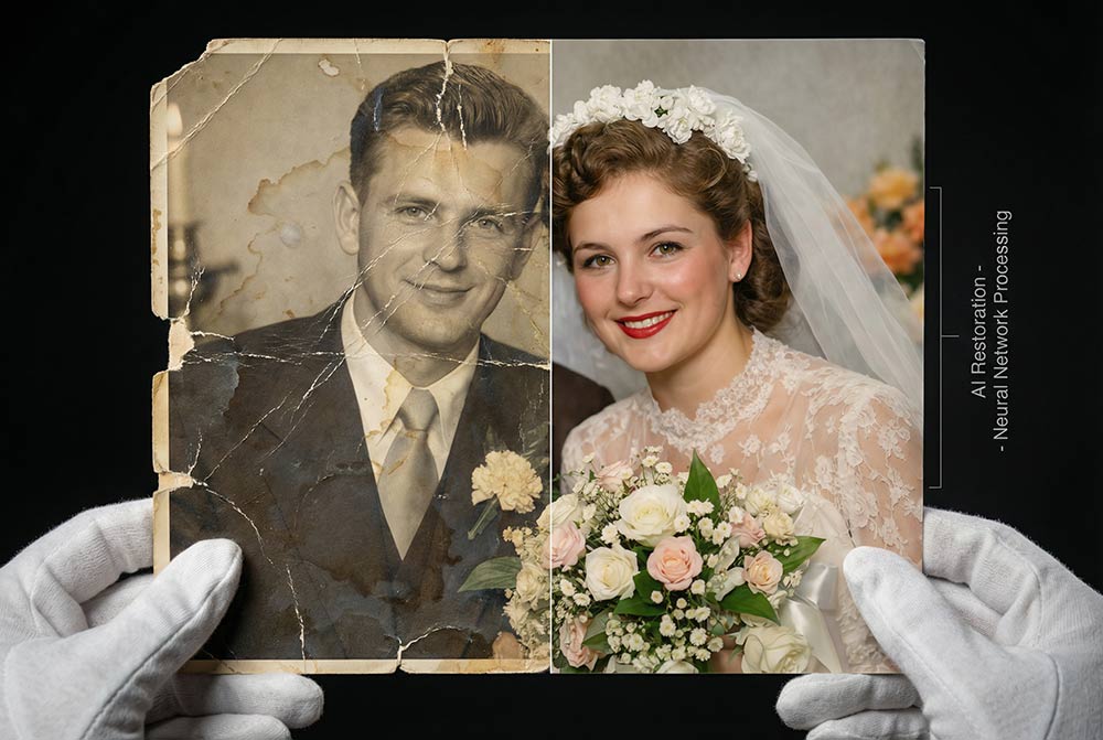 Руки в білих рукавичках тримають стару пошкоджену фотографію та її повністю відновлену кольорову версію після професійної ШІ-реставрації.